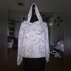 Women's Light Pink Leaf-Print Hooded Pullover